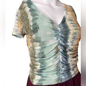 Free Press Mesh Ruched Short Sleeve Top Neutral Green Brown Size Medium